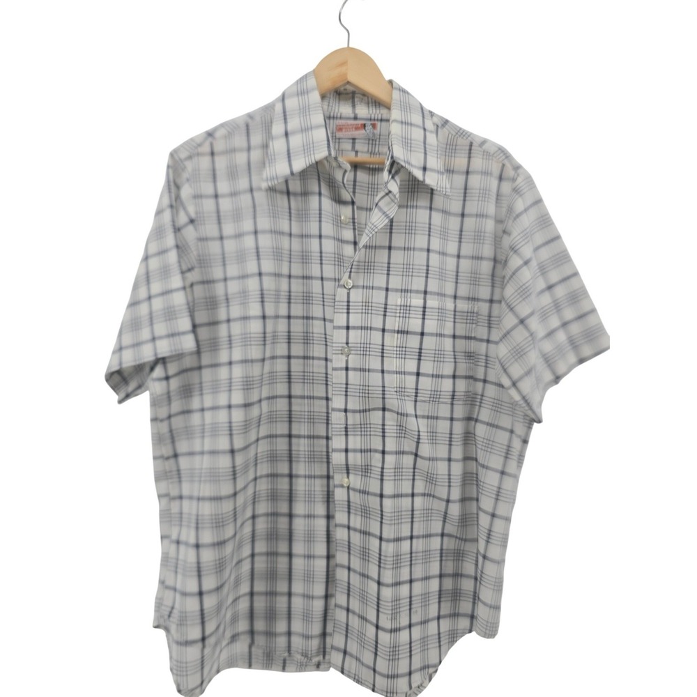 Permanent Press Button Down Shirt Men L White Navy Plaid Vintage 70s ShortSleeve